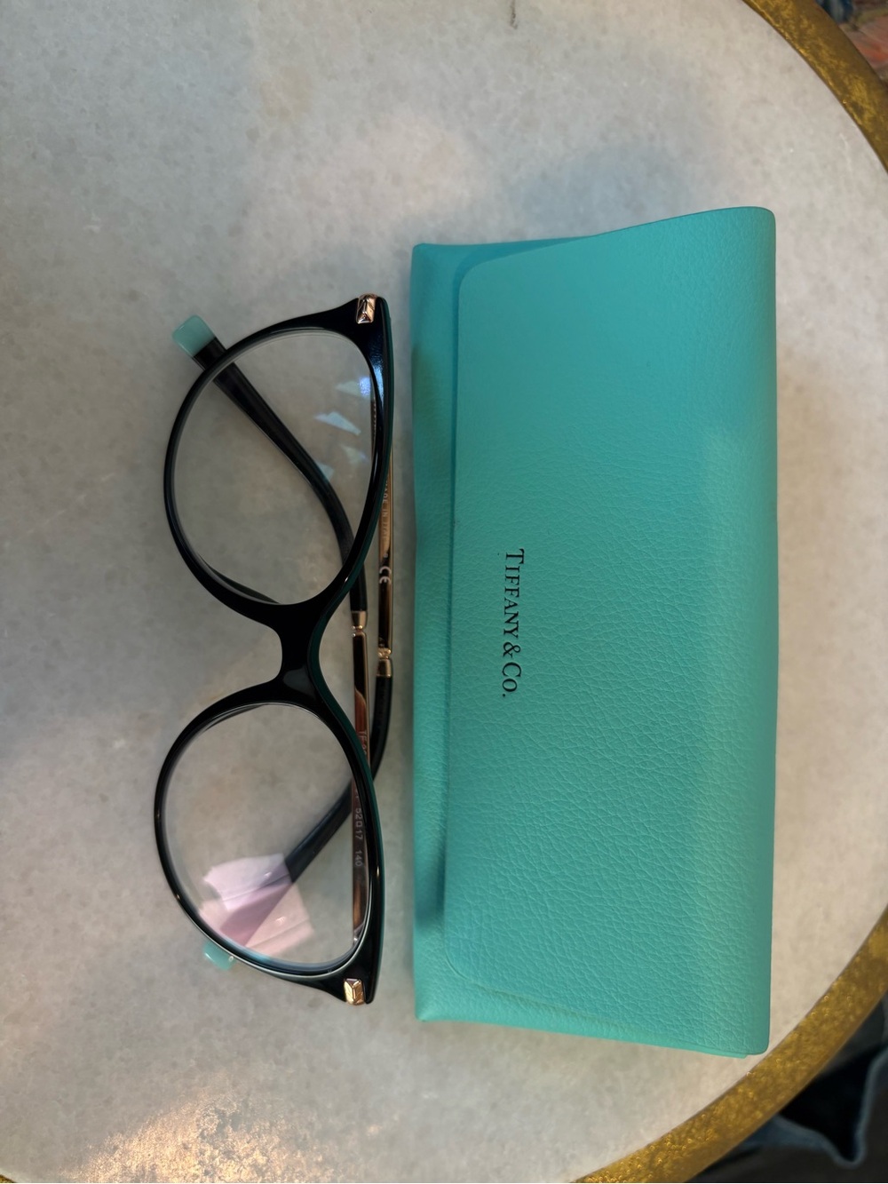 Tiffany & Co. Turquoise Eyeglass Case with Black Frame Glasses